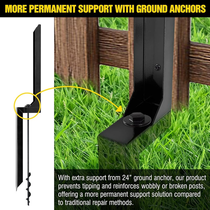 LADECH Heavy Duty Steel Fence Post Repair Stakes with Ground Anchor Screw in, Fix Anchors Ground Spike for Fence Posts, Repair Tilted/Broken Wood Posts (Black - 1 Pc) - Image 1